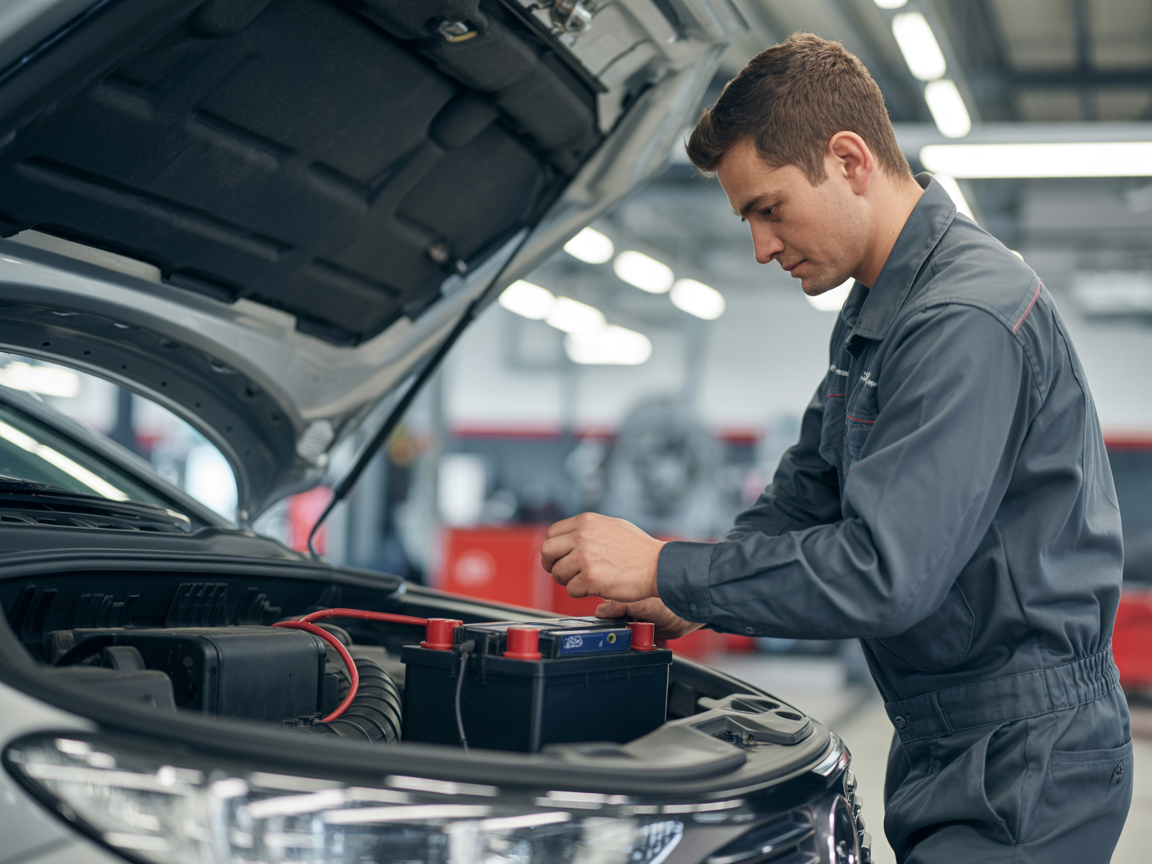 Professional technician installing a battery in a vehicle